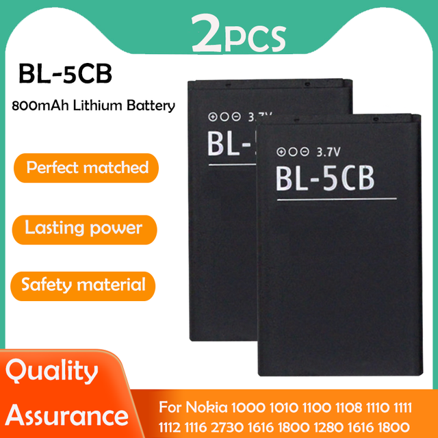 1-2 Stuks 800Mah BL-5CB BL5CB Lithium Telefoon Batterij Voor Nokia 1000 1010 1100 1108 1110 E60 3600 3660 6620 6108 Vervanging Mobiele: 2PCS