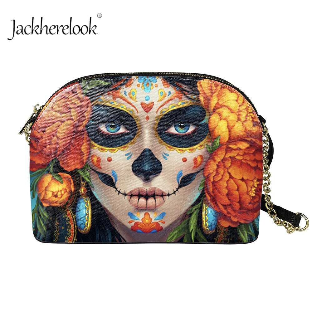 Jackherelook dames mini crossbody handtas met rits, gotisch schedelpatroon, pu leren dames outdoor schoudertas met kettingen: Hqcb 5008 d 49