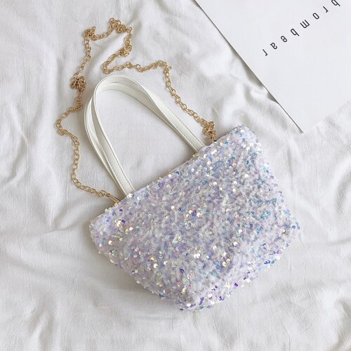 Paillettes sac d'aisselles été en cuir PU sacs à main dame Totes sac à bandoulière voyage chaîne Bling sac à bandoulière: Small White