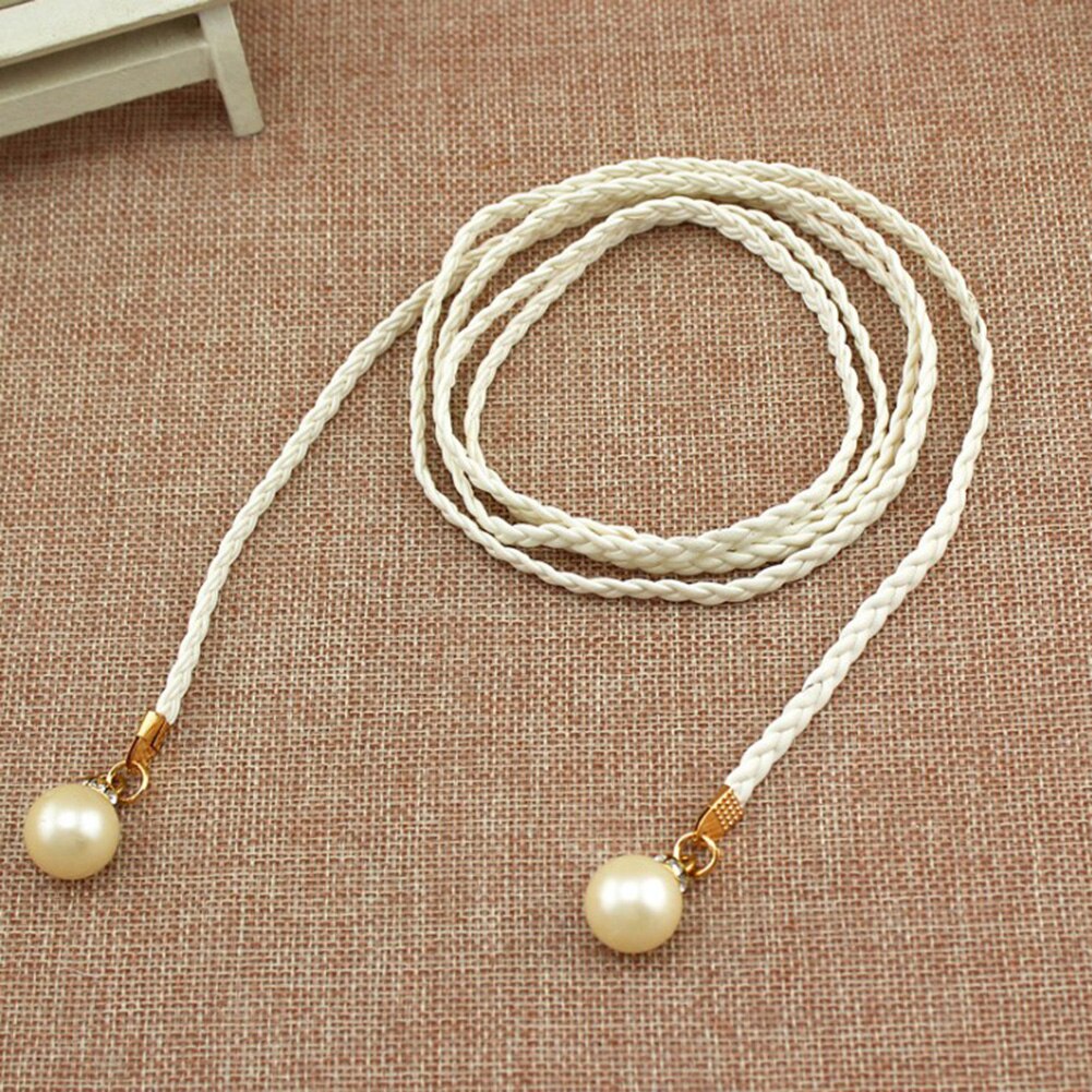 Thin Braid Women Belt Woven Tassel Pearl Waist Strap Boho Girls Waistband Waist Rope Waist Belts For Dress Accessories: white