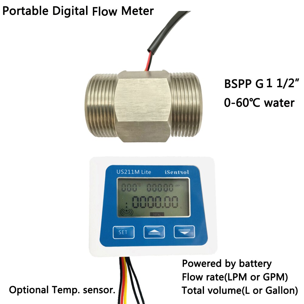 US211M Lite Portable Digital Flow Meter and Turbine Water Flow Sensor Brass BSPP G1 1/2" USS-HS121TA SUS304 iSentrol