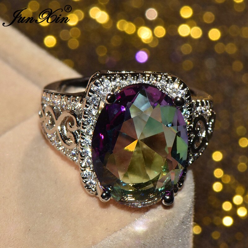 Luxe Vrouwelijke Grote Rainbow Ovale Ring Leuke Cz Steen Ring Mode-sieraden Vintage Trouwringen Voor Vrouwen