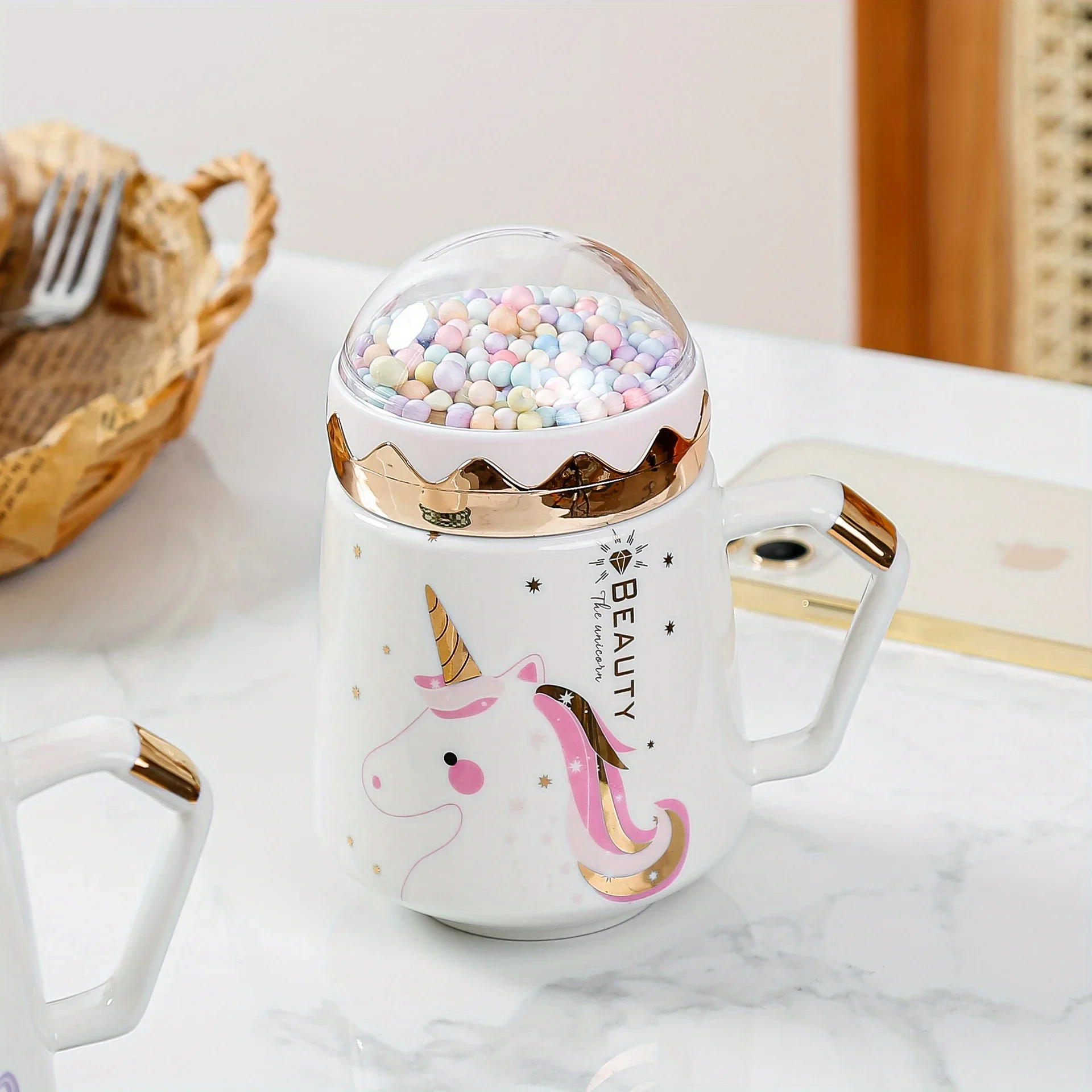 Unicorn mug ceramic coffee cup tea cup milk breakfast cup with lid: green