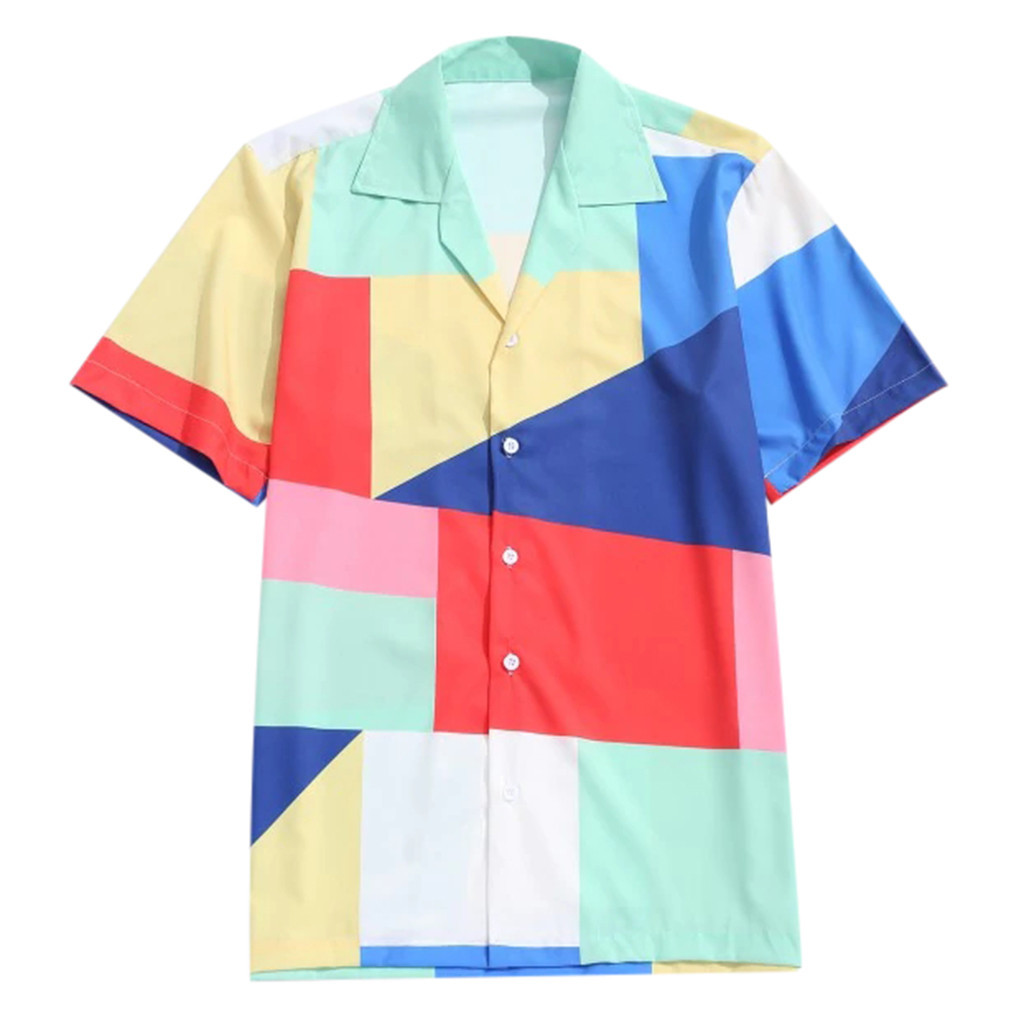 Heren Zomer Mode Revers Geometrische Colorblock Print Korte Mouw Hawaiian Shirt2019 Laatste Mannen Korte Mouw T-shirts