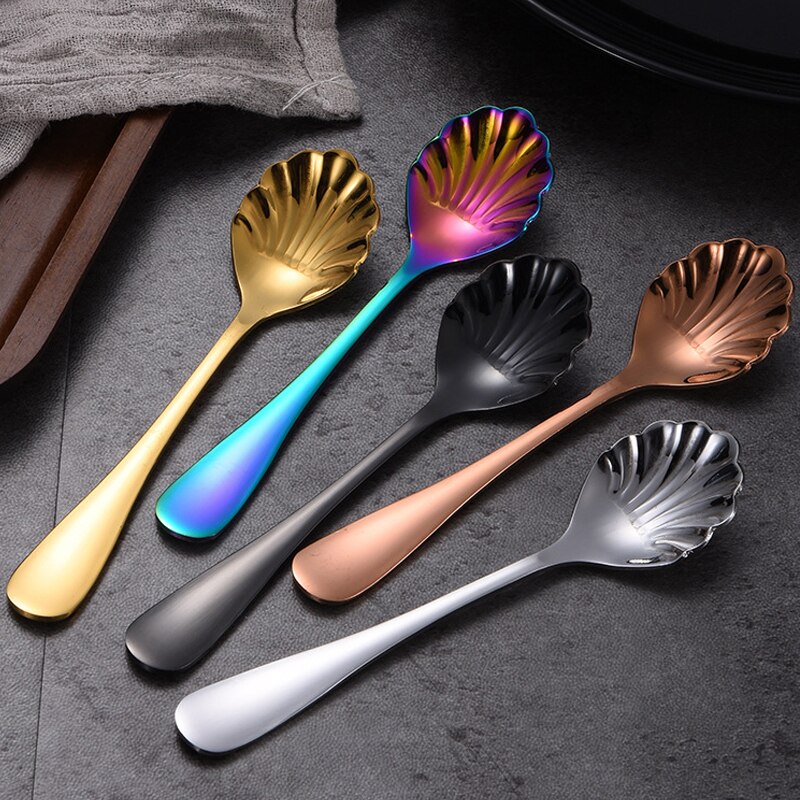 Shell Shape Stainless Steel Spoon Teaspoons Coffee Spoons Ice Cream Sugar Dessert Spoons Tableware Kitchen Accessories