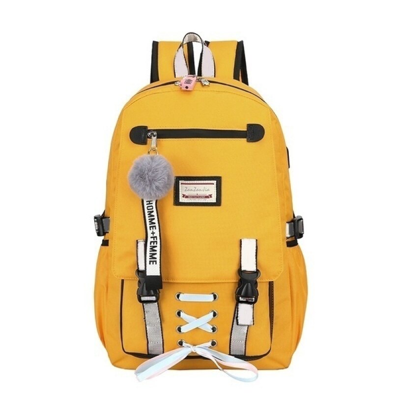 Nova moda grande sacos de escola para meninas adolescentes usb com bloqueio anti roubo mochila feminina saco de livro escola juventude lazer c: YELLOW