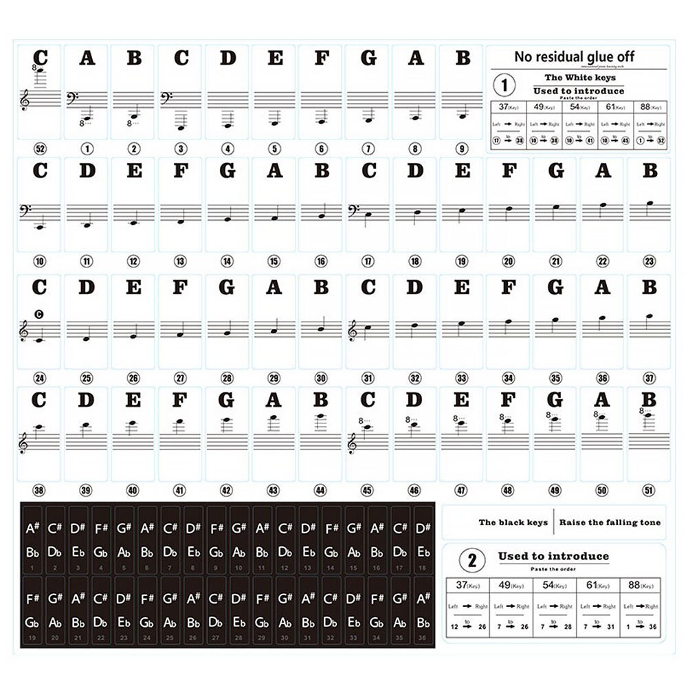 Label note 54/61 nøgler klaver keyboard flytbare biginners musik mærkat stave pvc klaver keyboard klistermærke  #137: Sort