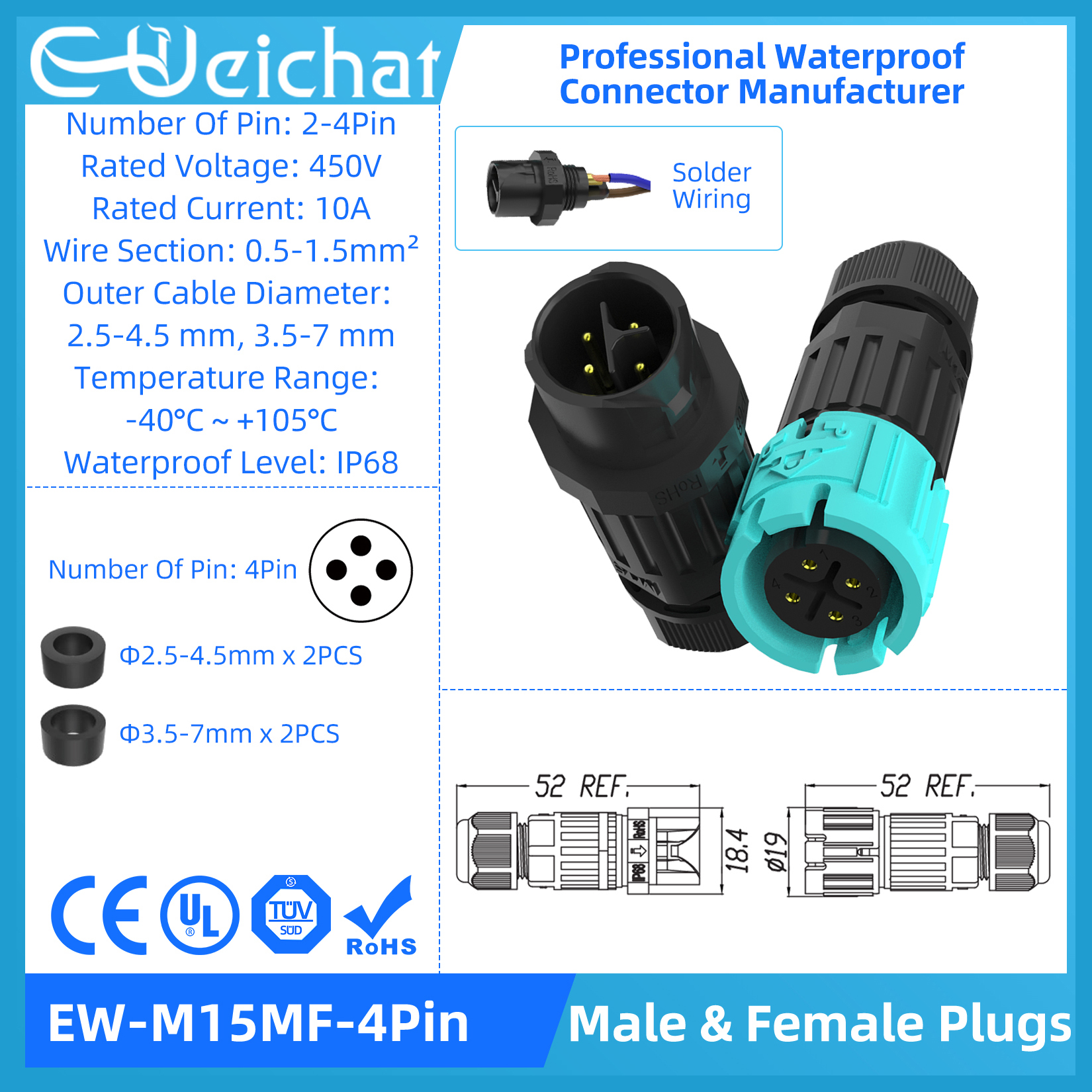 Conector eléctrico Circular de aviación, conector a prueba de agua IP68, desbloqueo rotativo, Serie de enchufe macho y hembra, M15-M28: Marrón y blanco