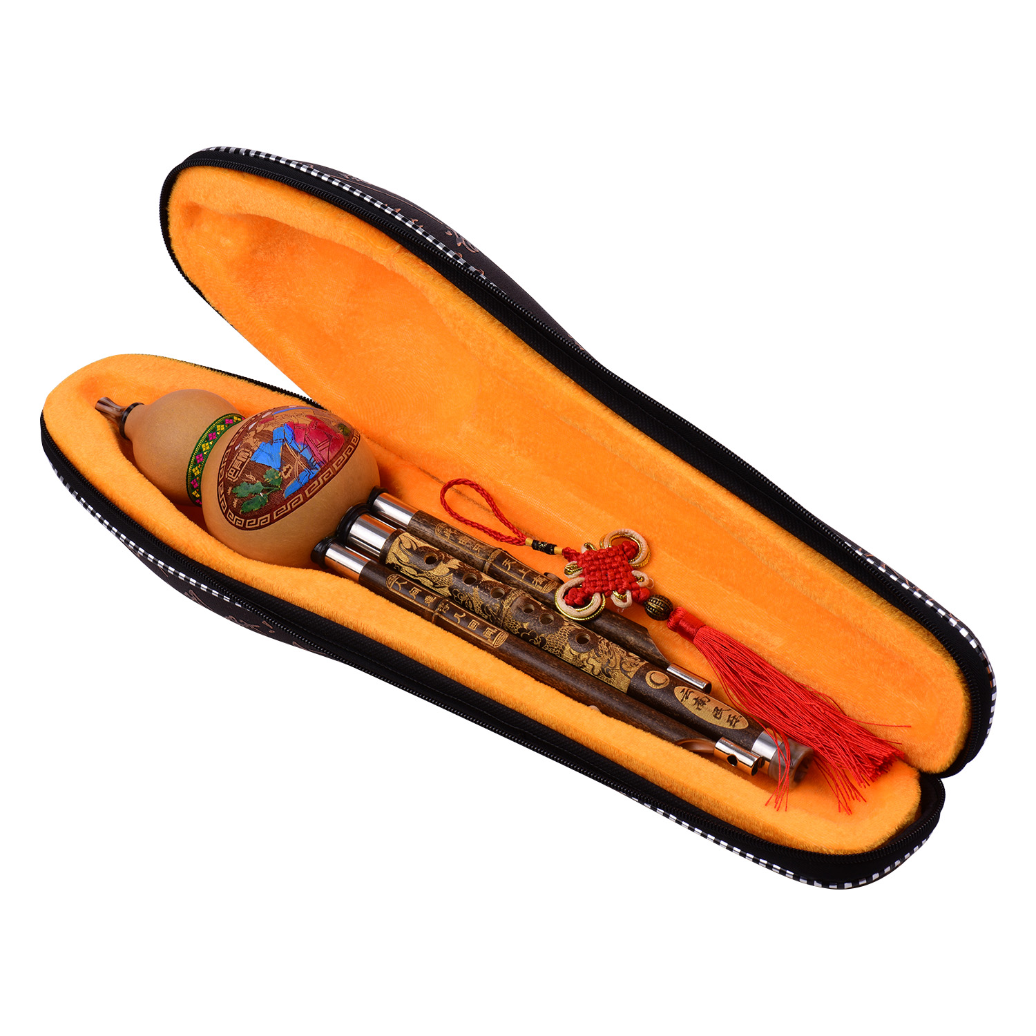 3 Tone C-Key Hulusi Kalebas Cucurbit Fluit Zwarte Bamboe Pijpen Chinese Traditionele Instrument Met Chinese Knoop Case Voor beginners: Carved Gold