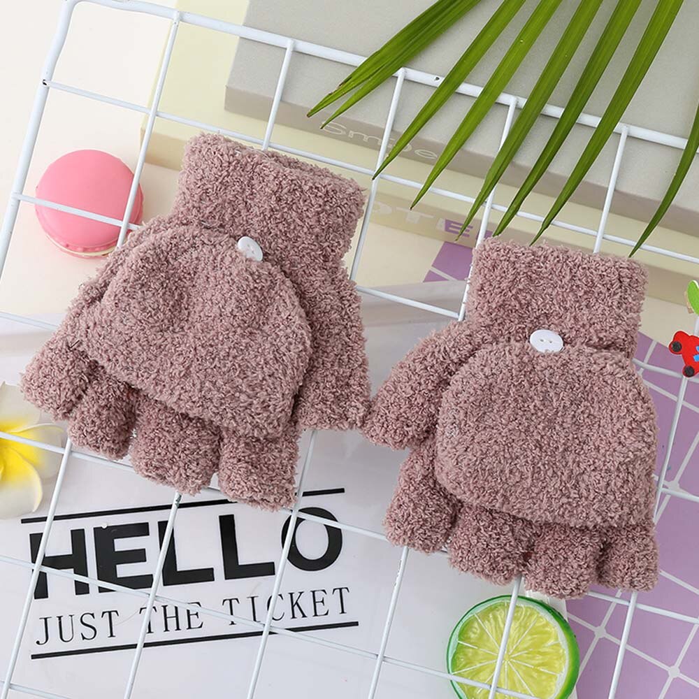 Kids Coral Fleece Dikker Half Vinger Flap Baby Handschoenen Winter Warm Houden Kinderen Kids Handschoenen Zachte Handschoenen Opvouwbare Wanten: khaki