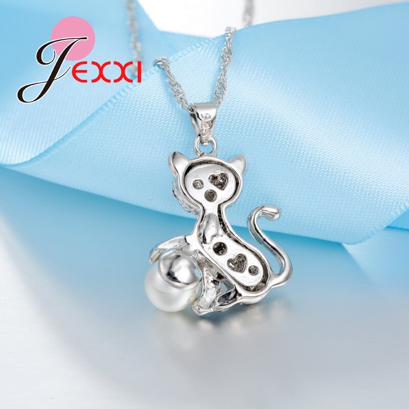 Brillant CZ et grande perle joli chat pendentif pour les femmes collier et boucles d'oreilles 925 en argent Sterling ensemble de bijoux