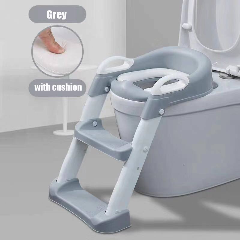 Escalera de inodoro plegable para niños, orinal de entrenamiento, asiento de bebé, orinal con taburete ajustable, cómoda y segura: Grey with cushion