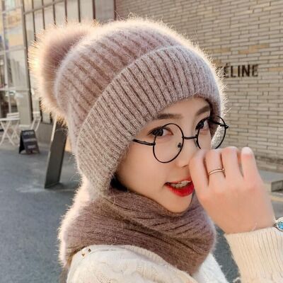 Vinter tykk pluss kashmir varm lue kvinneskjerf fuskepels pomponger vinter kvinners strikke lue ull hatt ski 2 sett: Brun