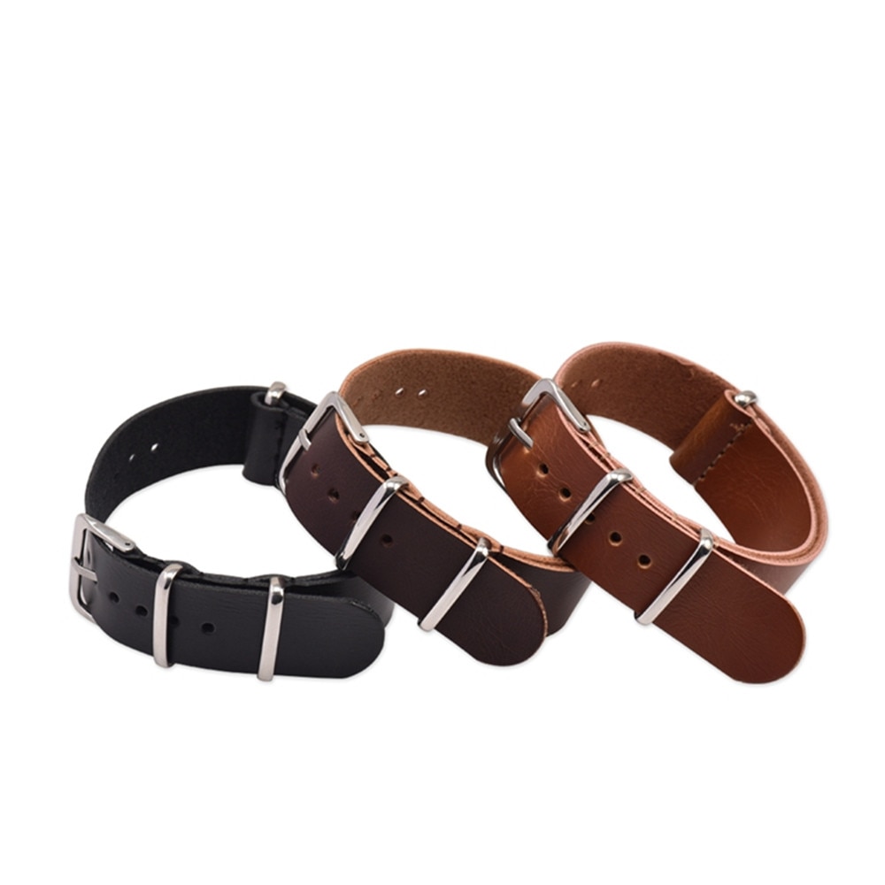 18mm 20mm 22mm 24mm zulu læder urremme nato rem tilbehør mænd kvinder sølv ring spænde armbånd bånd sort brun