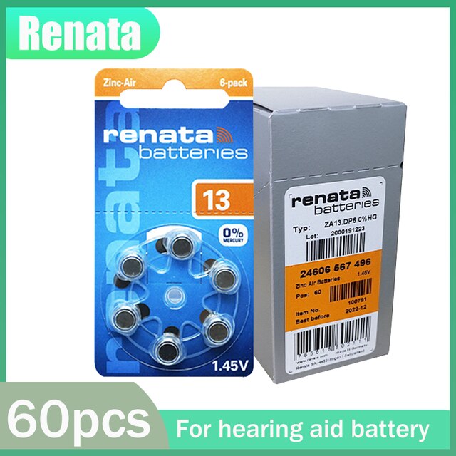 Renata – batterie Zinc-Air A13 13A 100% V 1.45 mAh, 12-20 pièces, 305 d&#39;origine, 13 P13 PR48, pour appareil auditif, boutons, pièces de monnaie: 60pcs