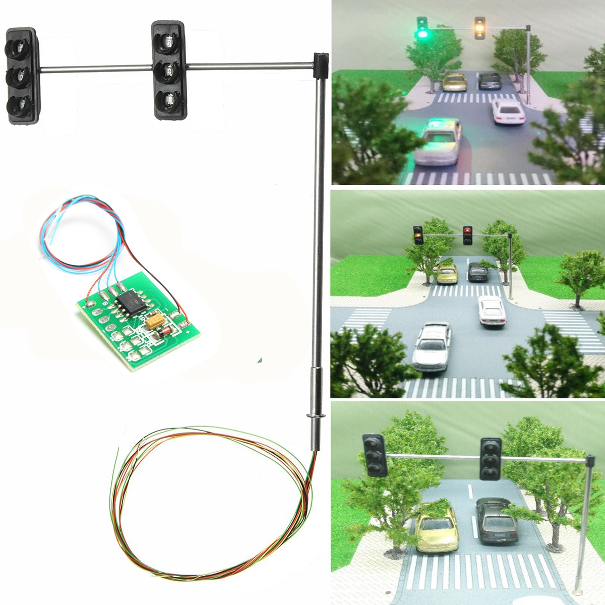 1 Juego de señal de semáforo en 3 colores, modelo de arquitectura LED HO OO, tren, cruce de vías, calle y placa de circuito