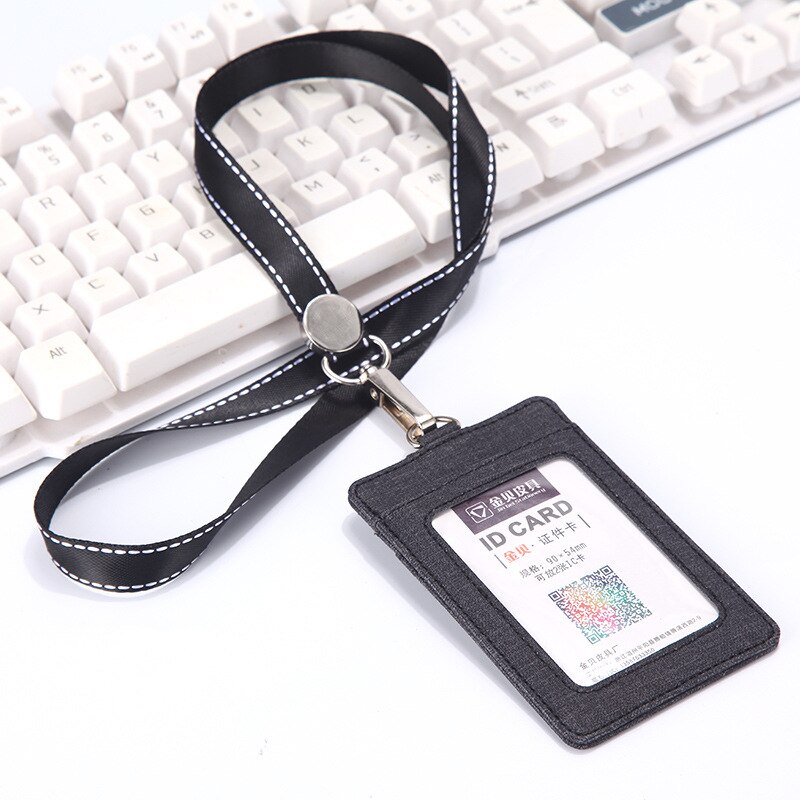 Work Badge Business Card Holder Men Women Worker with Rope Retractable PU Leather Employee Name ID Card Case Lanyard: black