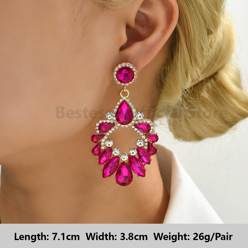 Pendientes colgantes de gota llamativos de diamantes de imitación de color rosa intenso para mujer, colgantes grandes geométricos de de lujo, de joyería para y boda: Bronze