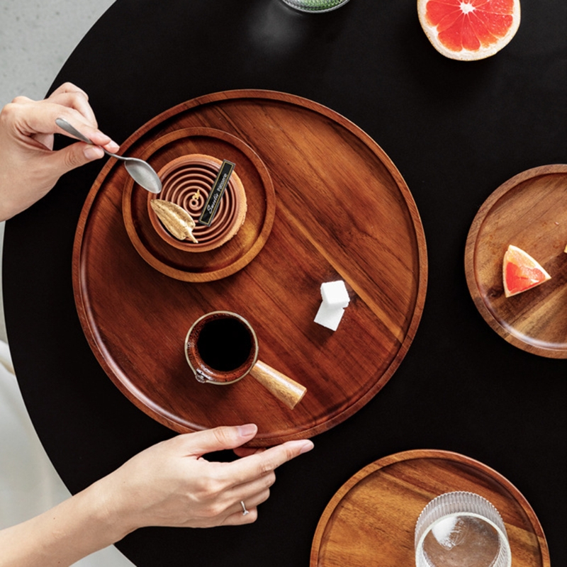 Wood Serving Tray Round Shaped Storage Trays Dessert Dinner Breads Fruit Snacks Food Display Dishes Tea Tray for Kitchen