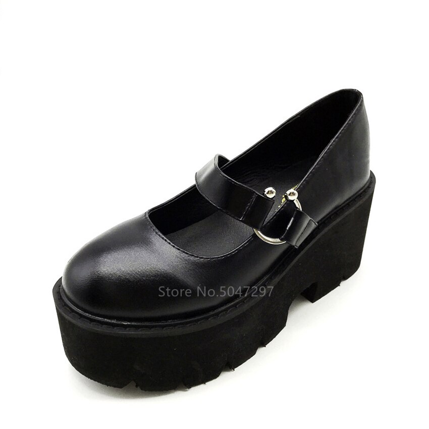 Zapatos de plataforma góticos japoneses para mujeres Harajuku Lolita chicas Kawaii estudiante de la Universidad JK punta redonda uniforme Sandalias de tacón alto PU: 35