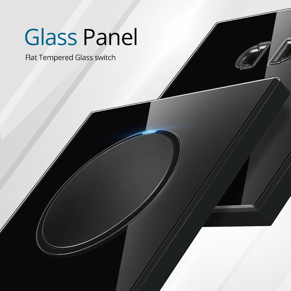 Wallpad Random Click Push Button Wall Light Switch With LED Indicator Socket Black Tempered Glass Panel For Home