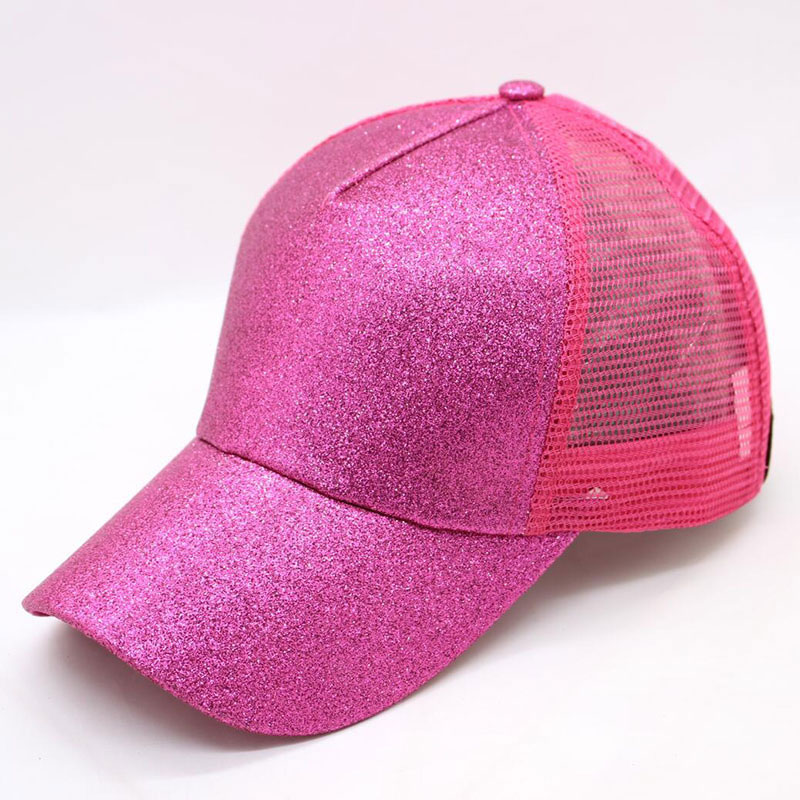 Damehat glitter høj hestehale hul kasket 5 #39 mesh trucker baseball cap guld sølv hvid sort pink brun blå: Hot pink