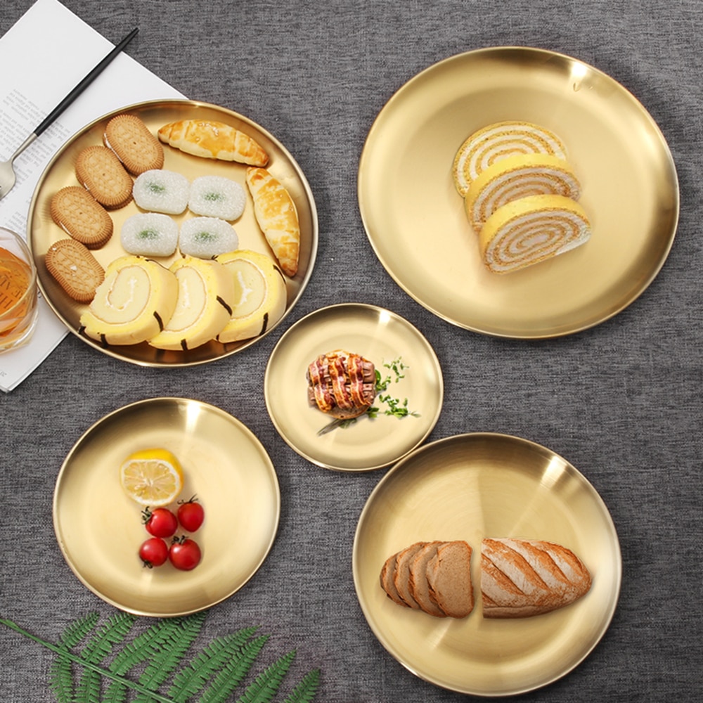 Goldene Edelstahl Tablett Skandinavischen Runde Lagerung Fach Einfache Snack Kuchen Anzeige Metall Platte Fotografie Requisiten