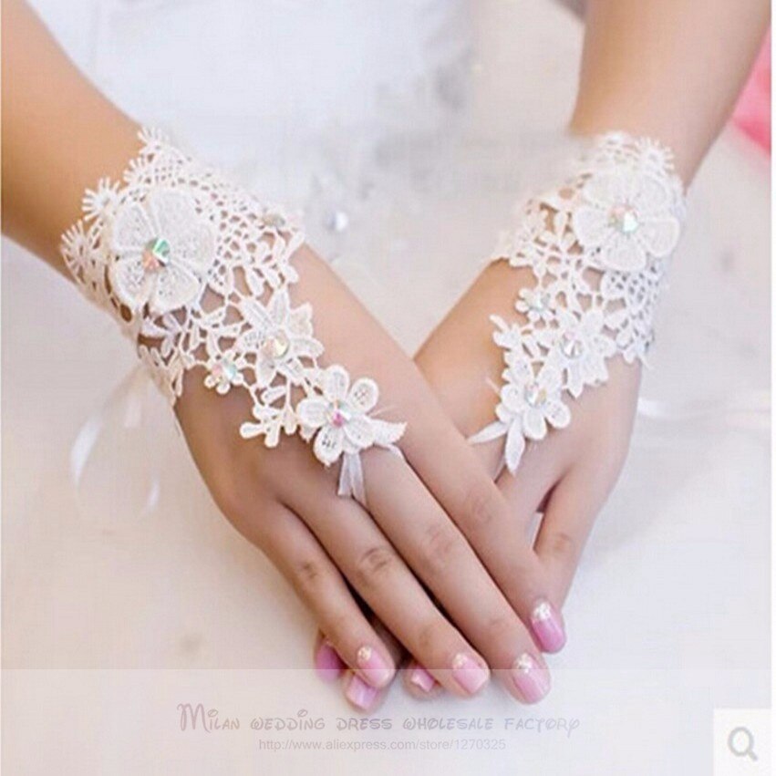 Guantes cortos de encaje para mujer, accesorios de nupcial, longitud de muñeca sin dedos, color blanco marfil,
