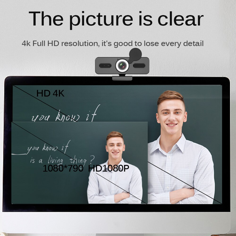 TISHRIC Webcam 4K C360 Full HD 8 megapixel Web Camera with Microphone USB Web Cam PC Computer Camera with Bracket Fill Light