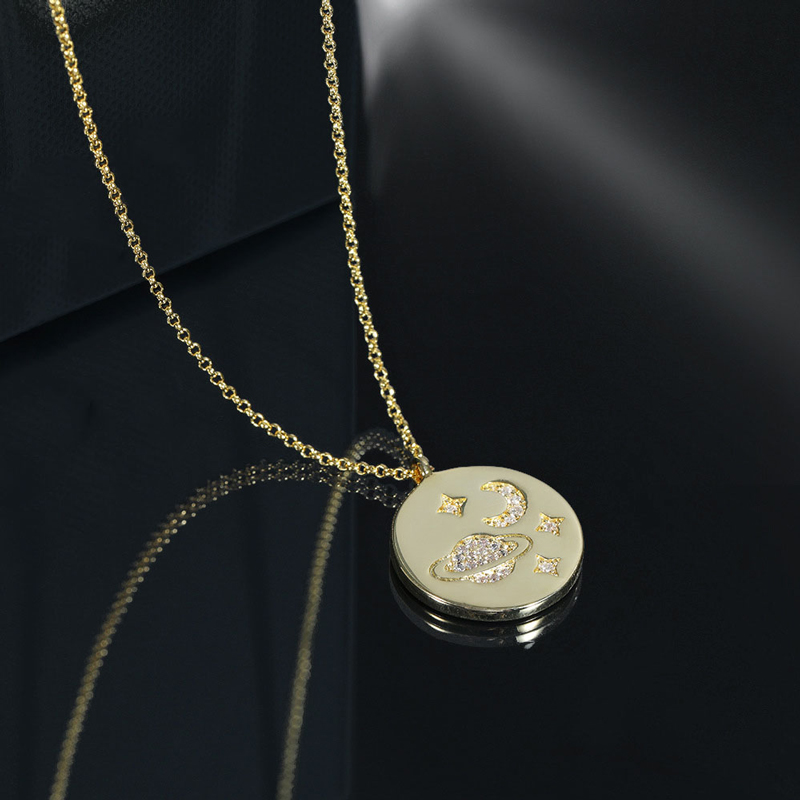 S925 Vliegende Ruimte Paard, Starry Galaxy, Golden Moon Ruimtevaartuig. Ronde Vrouwelijke Ketting Armband Oorbellen Luxe Sieraden.: Necklace3
