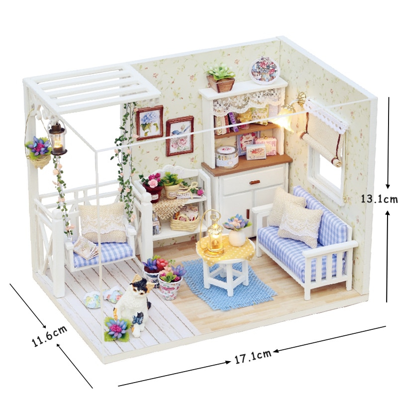 Leuke Poppenhuis Miniatuur Meubels Kamer Kits DIY Hout Poppenhuis Model met LED en Stofkap Poppenhuis Speelgoed Voor kind
