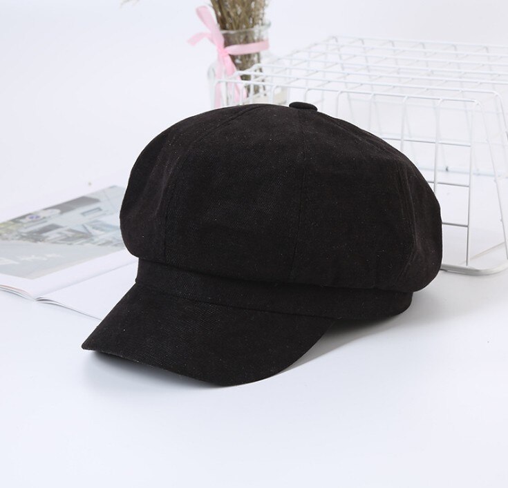 Vrouwen Hoeden Krantenverkoper Kunstenaar Beanie Hoed Vintage Effen Kleur Acht Panel Visor Cabbie Cap Achthoekige Hoeden: Black