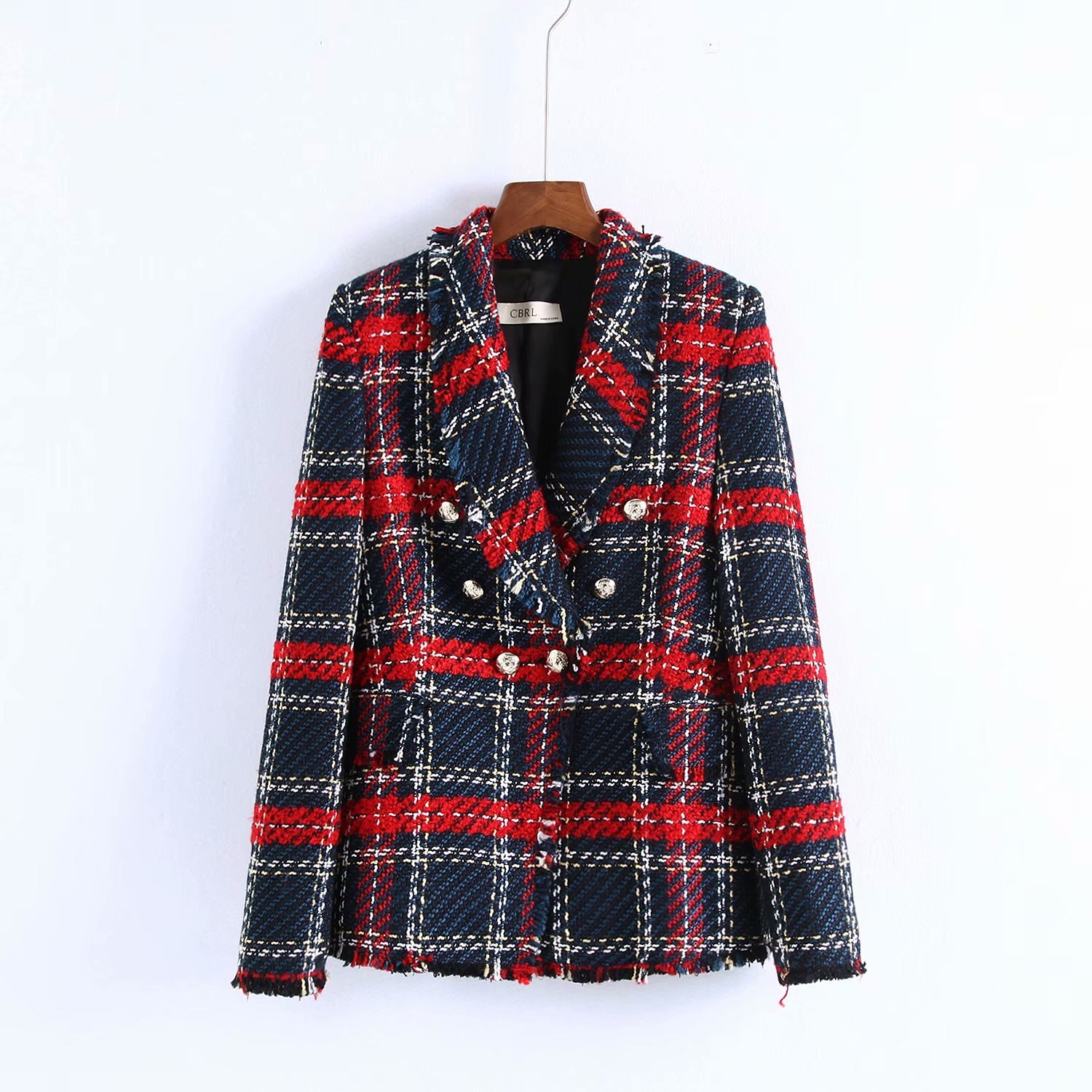 Vinter röd rutig tweed kavaj kappa vintage tofs tjock kontorskostym jacka sprint vinter dam blazers och jackor: S