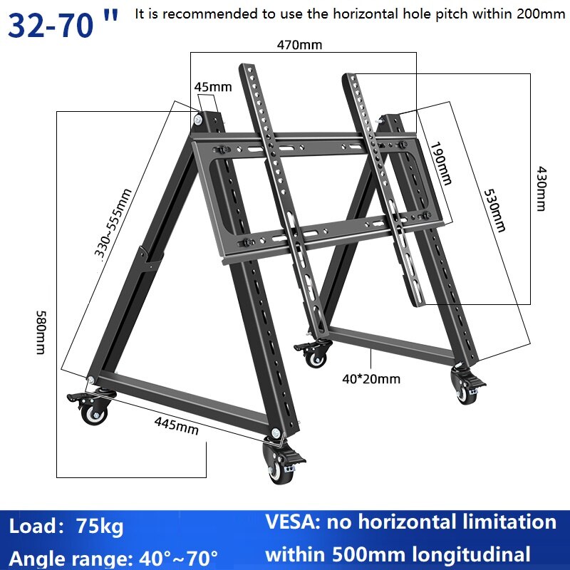 Hillport tv vogn gratis løft 32-70 &quot; rullende tv-monteringsstativ trolley plasmaskærm støtte led lcd skærm lav højde vogn  sc5100: Sc5100-411