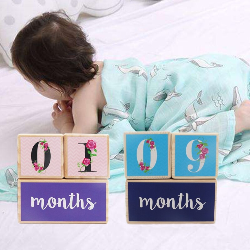 Wooden Baby Age Milestone Blocks Keepsake Baby Photo Prop Baby Educational Toy F3ME