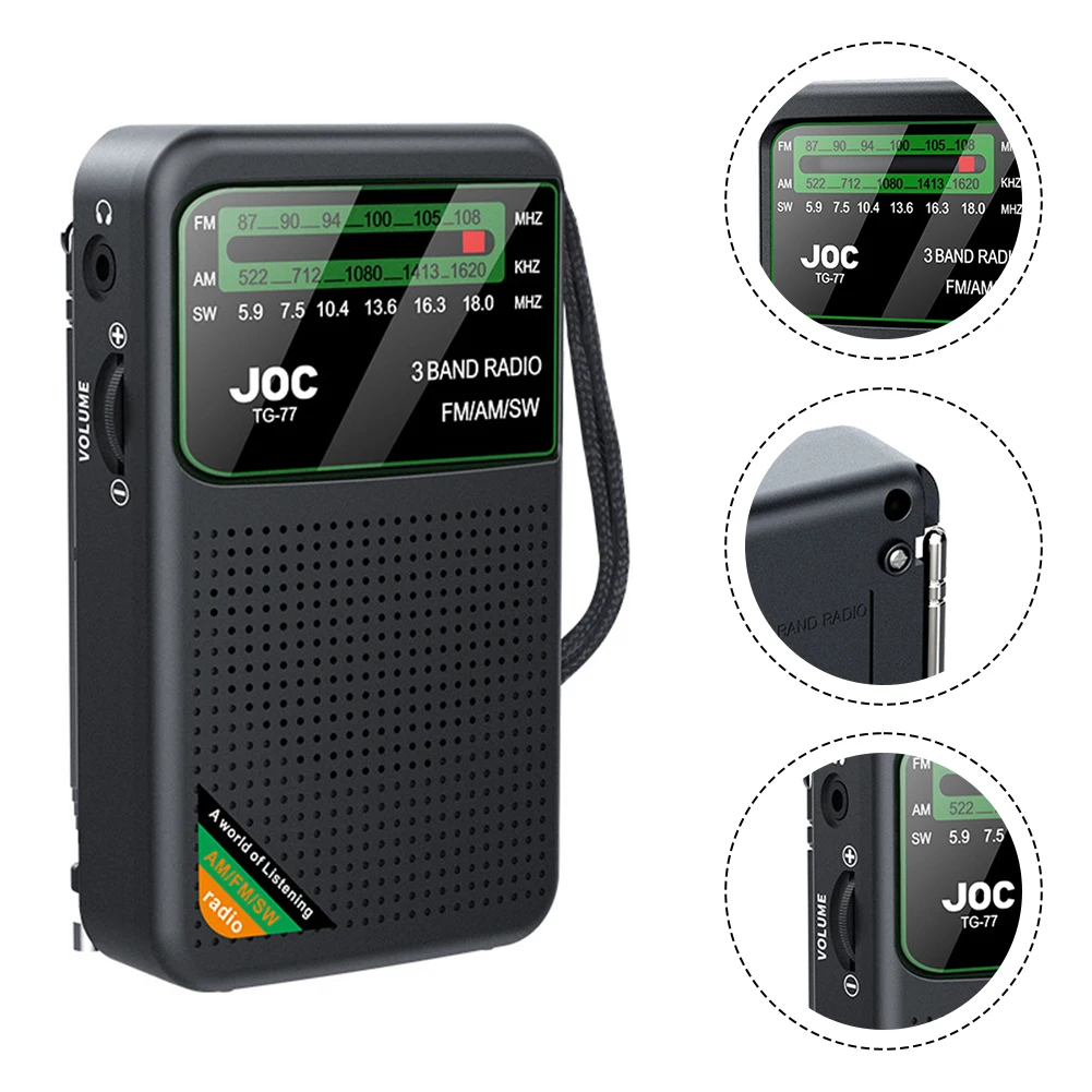 Radio portátil de banda completa, Radio recargable de mano de 3W y 1000mAh con recepción Superior, Mini Radio negra para personas mayores