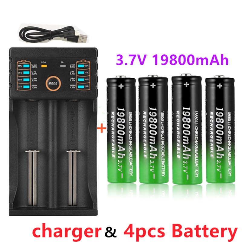 100% 18650 Lithium Batteries Flashlight 18650 Rechargeable-Battery 3.7V 19800 Mah for Flashlight + USB charger