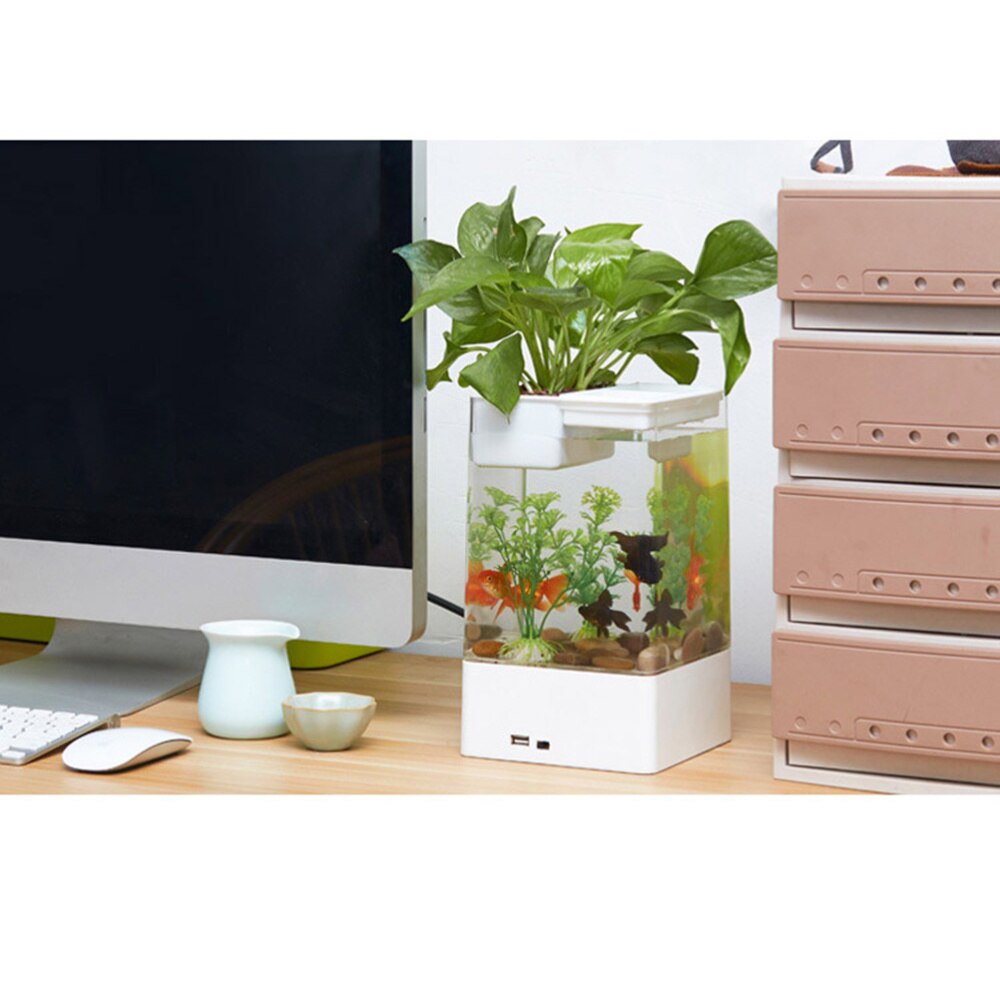 Lazy Mini Small Acrylic Goldfish Bowl Fish Tank Free Water Change Transparent Fish Tank(White,without Batteries)