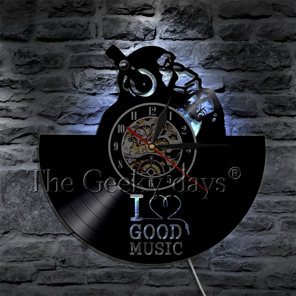 Schimpanse Denker Affe Gorilla 3D Wanduhr Kopfhörer Schallplatte Wanduhr ICH Liebe Gute Musik Persoanlity Zauberstab Kunst Dekorative