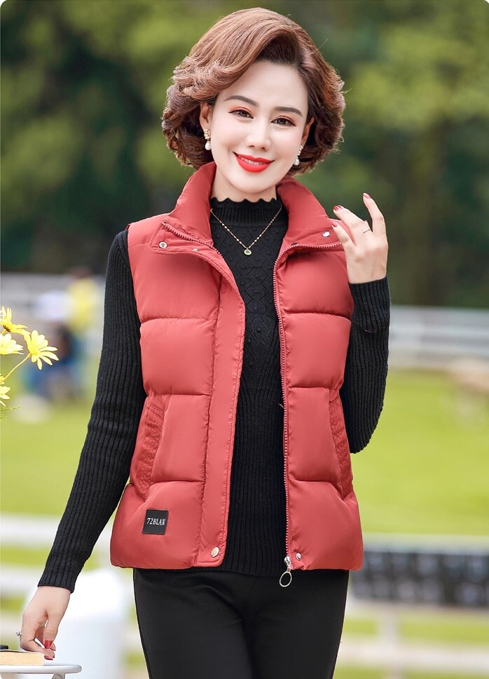 Middle-aged and Elderly Women's Vest Autumn Winter Down Cotton Waistcoat Sleeveless Keep Warm Jacket Outwear Plus Size 5XL W96: Leather Pink / 5XL