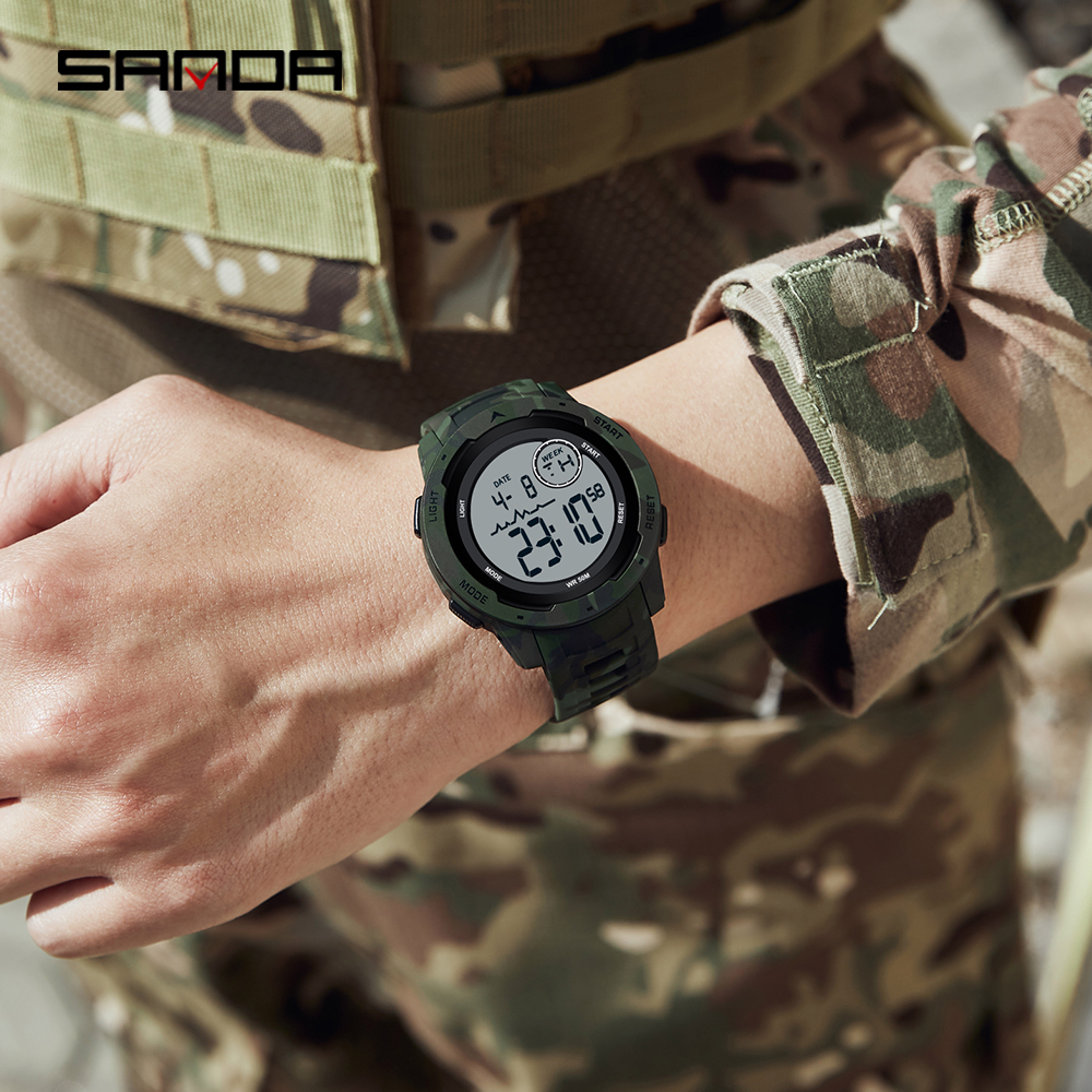 SANDA 2185 elektronische Uhr, beliebte Tarnung, Militärstil, Kühler Trend, Wecker, multifunktionale elektronische Herrenuhr