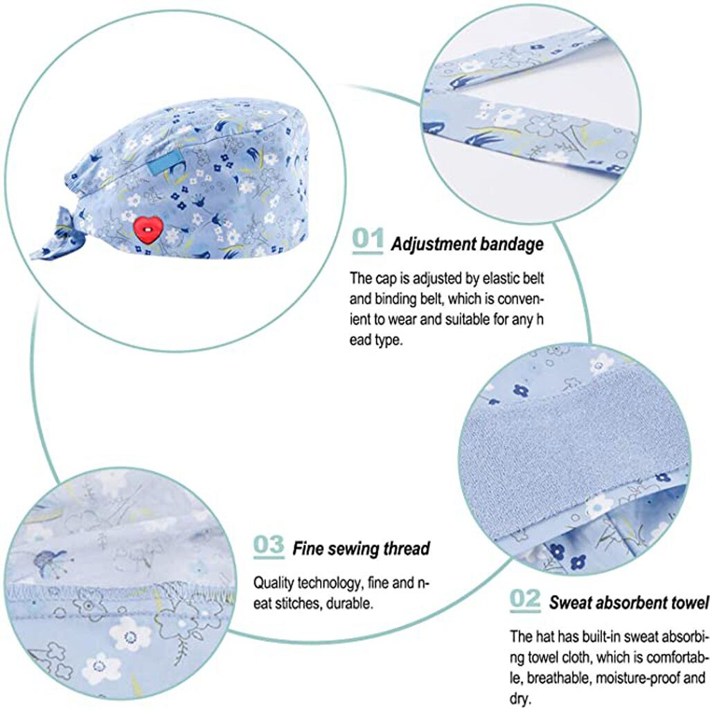 3PCS Unisex Scrub Cap Printed Button Work Hat Face Holder Wearing Protect Ears Casual gorro enfermera quirofano #R15