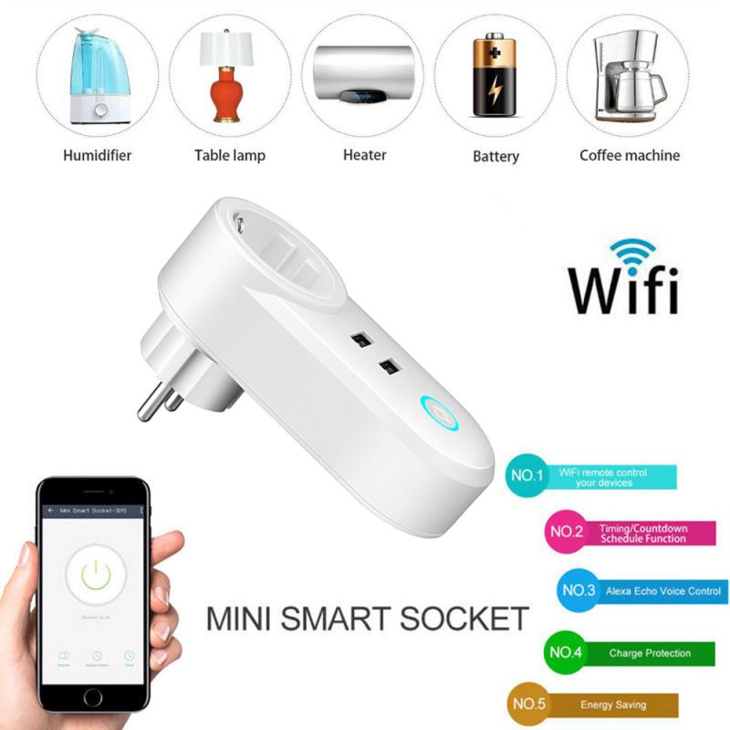 WIFI Wireless Remote Socket EU Plug USB Double Voice Control Smart Timer Plug Home Fire Retardant PC Smart Power Socket