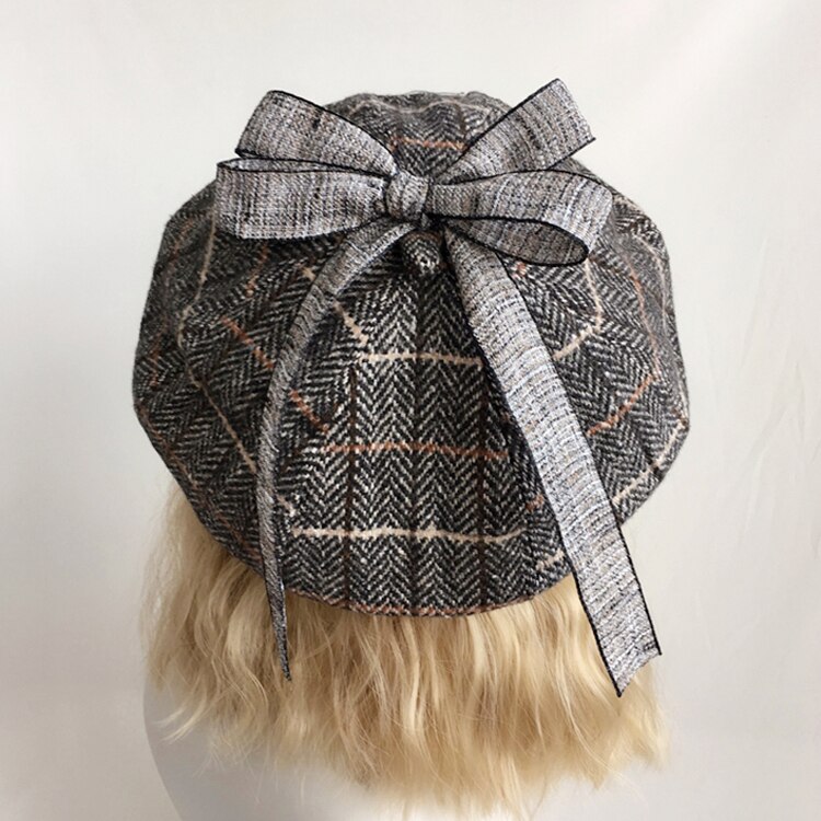 Japansk søt nydelig ull rutete åttekantet kuppel lue retro lolita beret søt høst vinter myk jente gresskar cap maler lue: 02