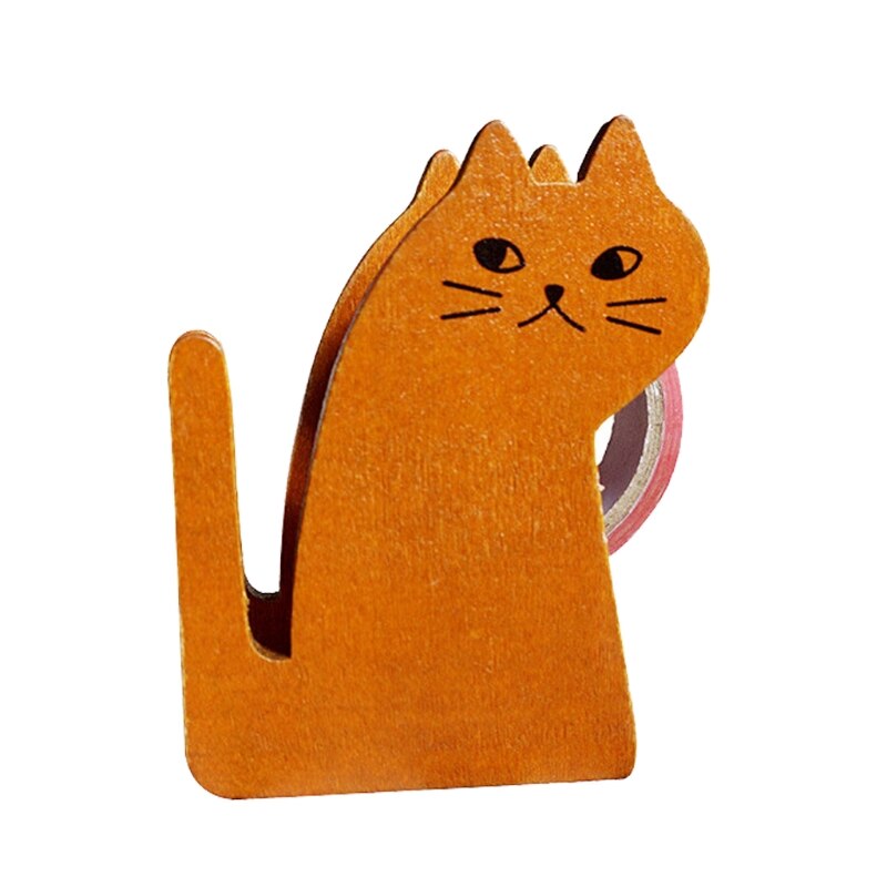 Lovely Office Tape Dispenser Vintage Wooden Cartoon Animal Shape Desktop Tape Cutter, 4 Shapes Cat/Pigeon/Squirrel/Whale HCCY: Cat brown