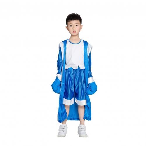 2020 crianças menino vermelho azul boxer traje roupas macacão com manto de boxe robe festa fantasia infantil menino: Dark Blue 110cm