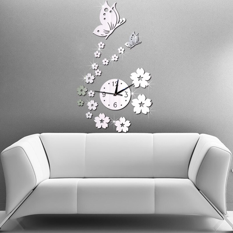 Papillon amour fleur acrylique miroir horloge murale étude chambre salon miroir mural horloge murale décor à la maison pas de batterie: silver
