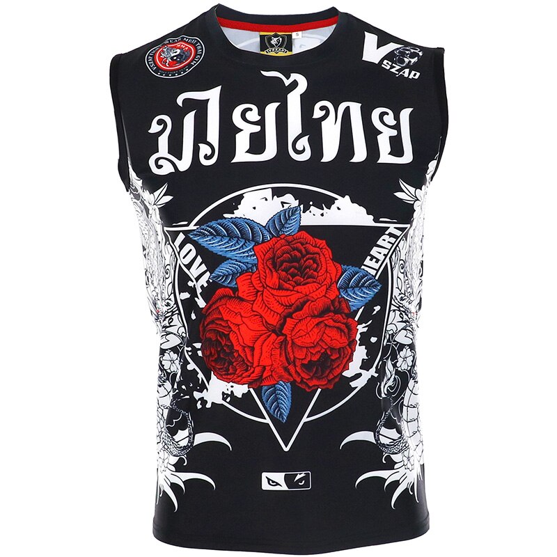 Vszap rose boksning sports t-shirt muay thai kamp fitness elasticitet skjorte ærmeløs boksetøj muay thai shorts mma