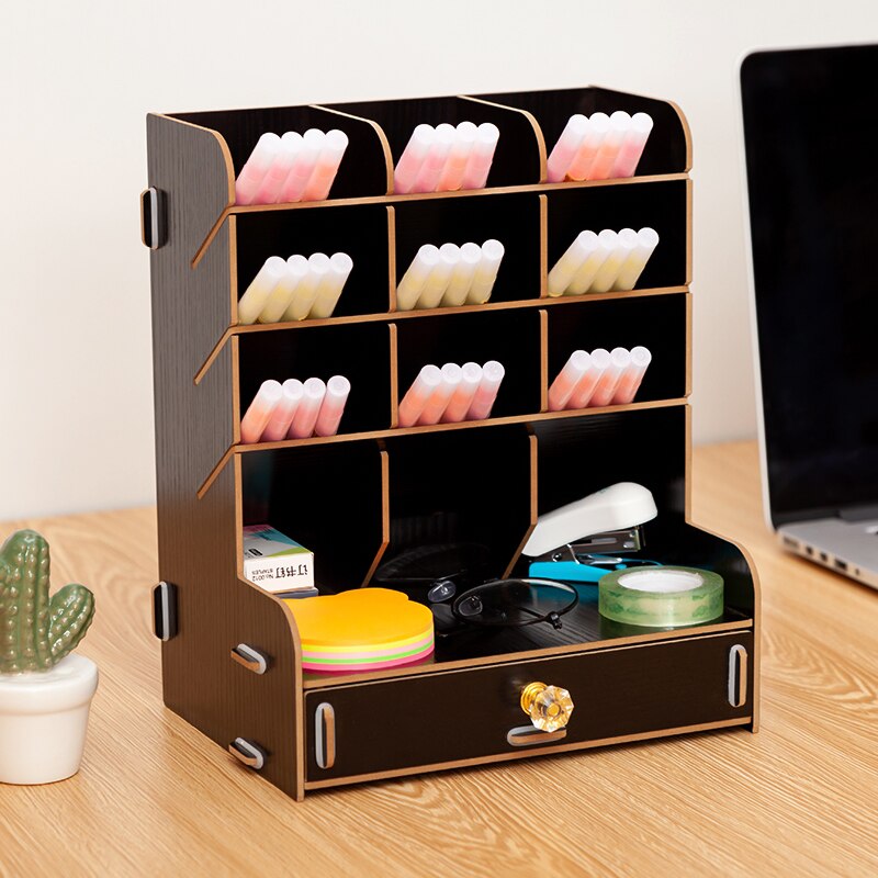 Wooden Desk Organizer Multi-Functional DIY Pen pencil Holder Box Desktop Stationary Home Office Supply Storage Rack: black