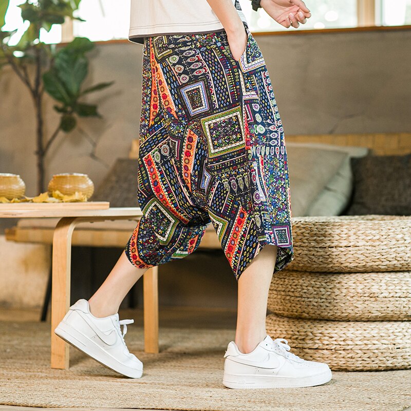 Pantalones casuales de estilo chino para hombre, pantalones bombachos holgados grandes, Capri de algodón estilo oriental, étnico, con estampado Floral, anchos